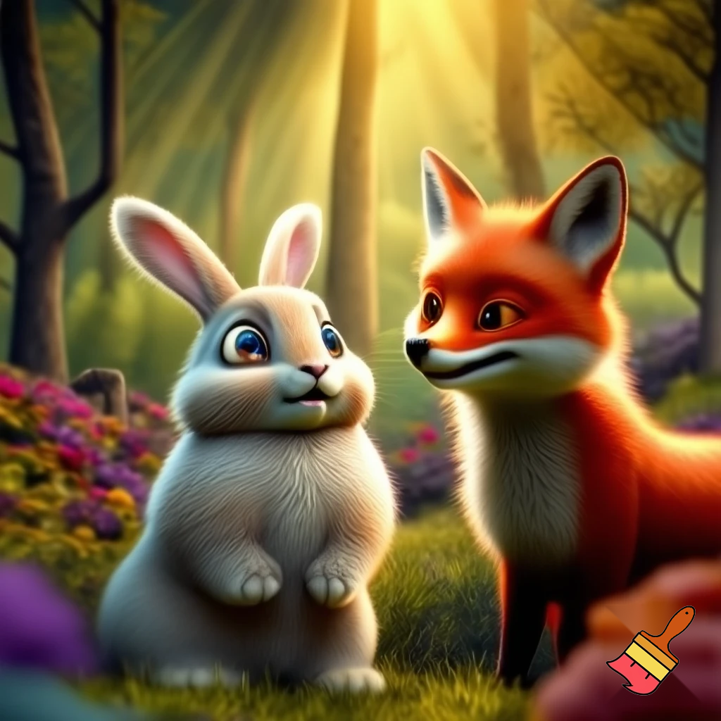 "Cartoon style illustration of the same small rabbit looking surprised but curious, while a friendly red fox stands nearby with a kind smile, offering comfort. Bright, colorful forest background with trees, flowers, and sunlight. Emotional and heartwarming, both characters are same as in other scenes, rabbit still teary-eyed but hopeful."