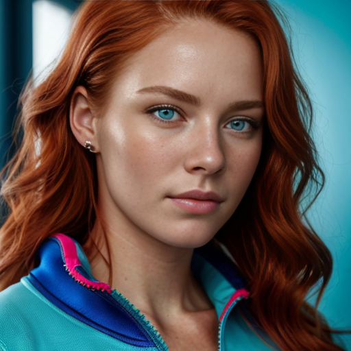 Close-up portrait of a woman with vibrant wavy red hair and blue eyes, wearing a teal zip-up athletic jacket partially unzipped, soft natural lighting, blurred indoor background, photorealistic.