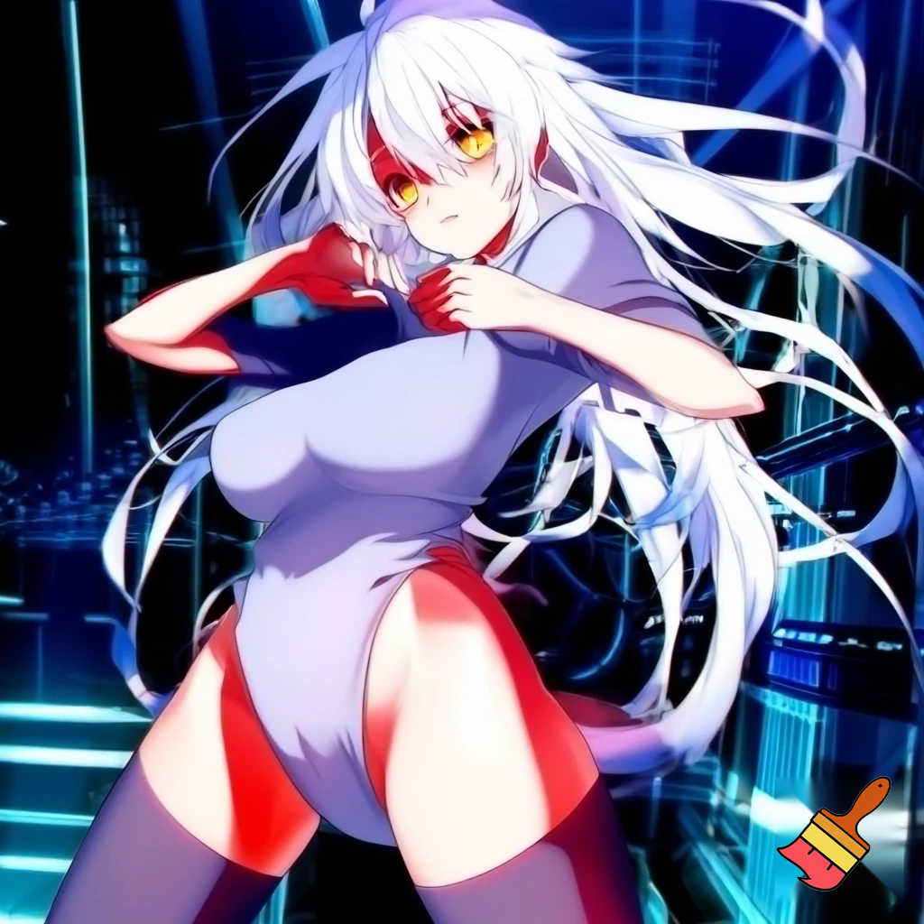 Anime girl 20 years old so cool and cute with red underwear clothes is dressing very short shirt and thigh high socks is standing in cool pose and tall white hair and gold eyes make is so anime and make it so cool and cute
