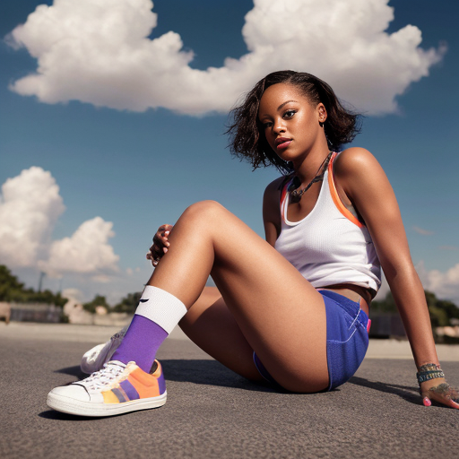 Rihanna orange tanktop belt blue short mini purple socks orange and white sneakers on a sitting cloud in the Sky 