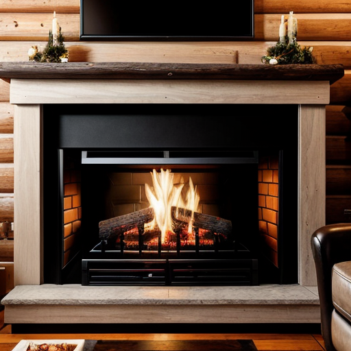 Photo in portrait mode of a warm fireplace burning in a cozy log cabin with a view of snowcap mountain overlooking a clear as crystal lake