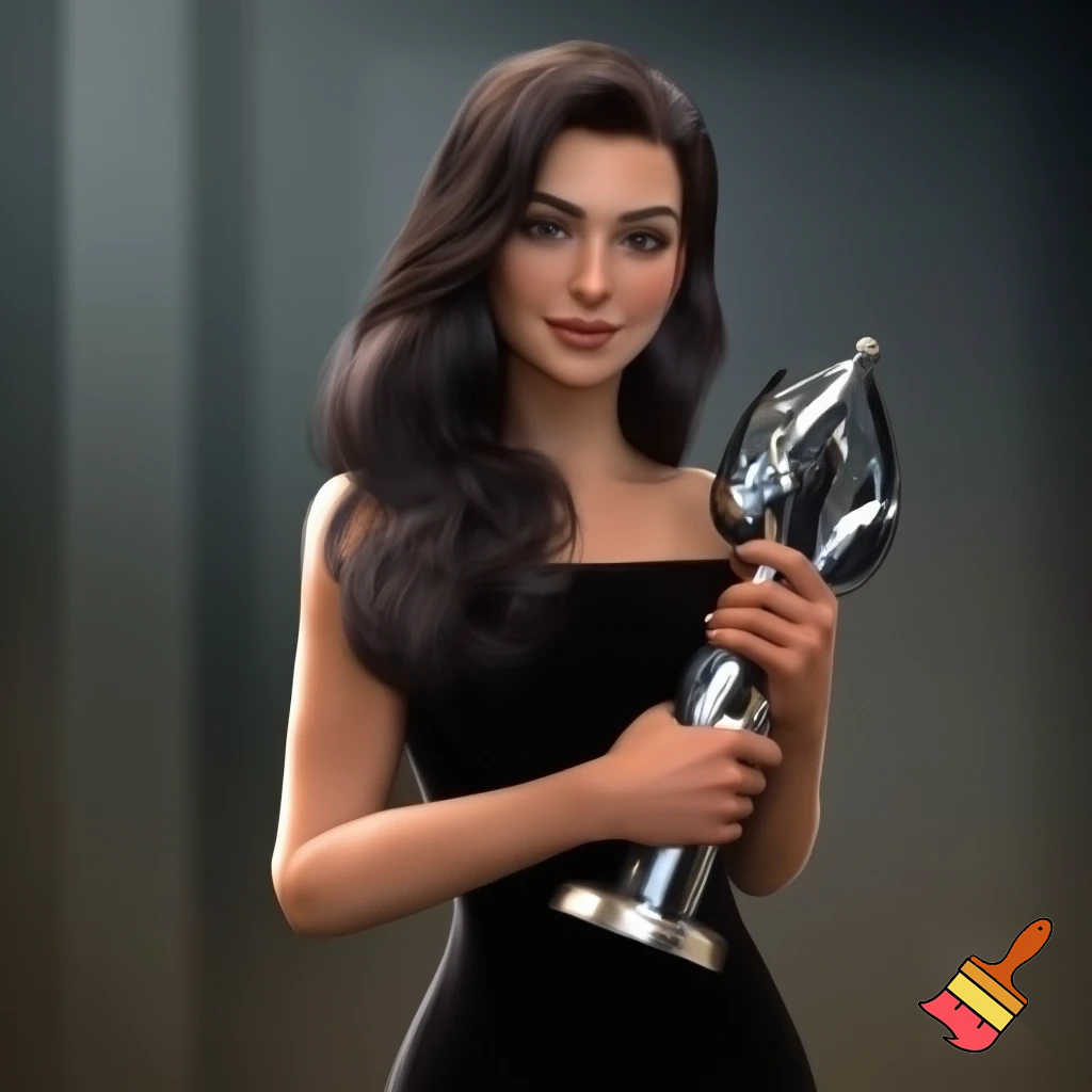 “A woman with long wavy dark hair, strong eyebrows, and a calm expression, wearing a black dress, holding a trophy.” realistically