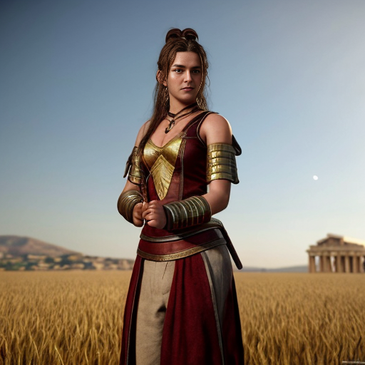 i would like an a ancient greek female fighter in clothes of 1821 of greece and lastly i want her to be happy and proud and  from a distansce, in a field