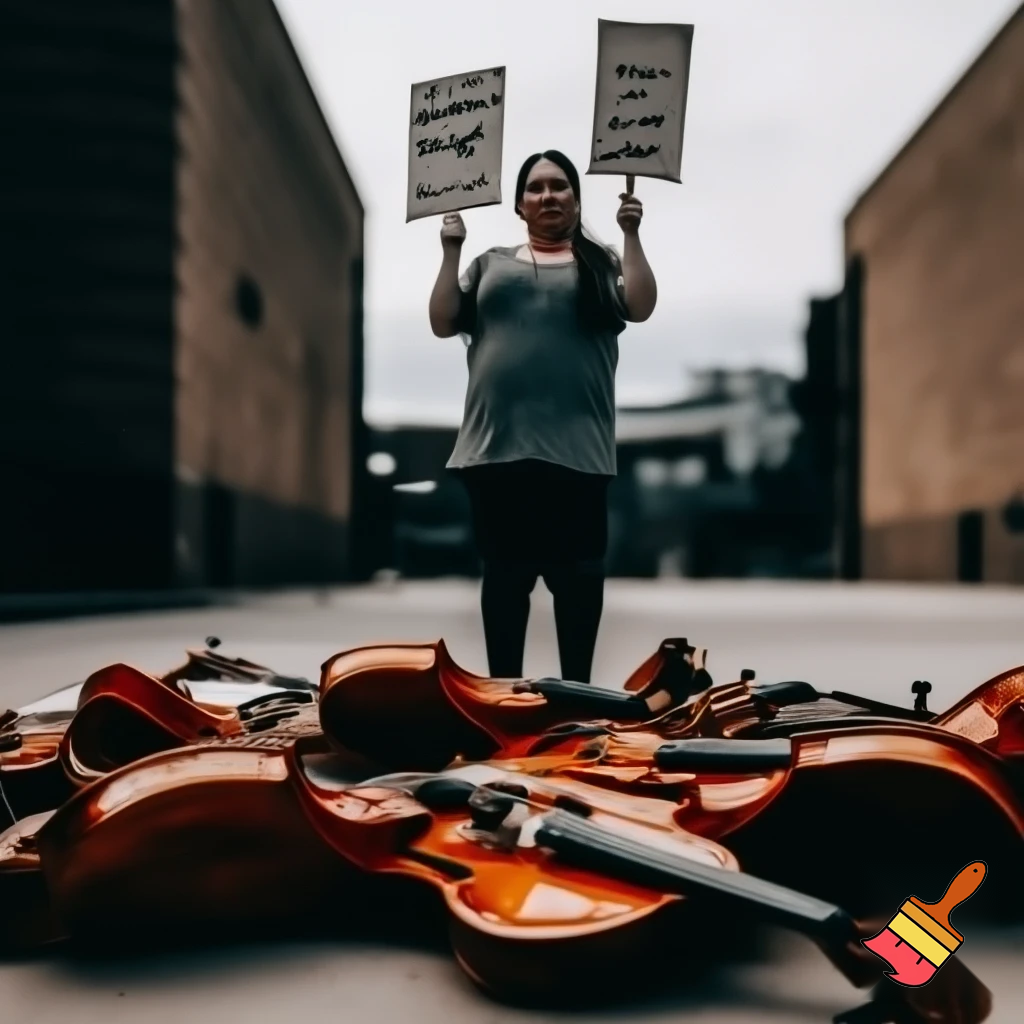 activist protesting violins with signs and pickets

