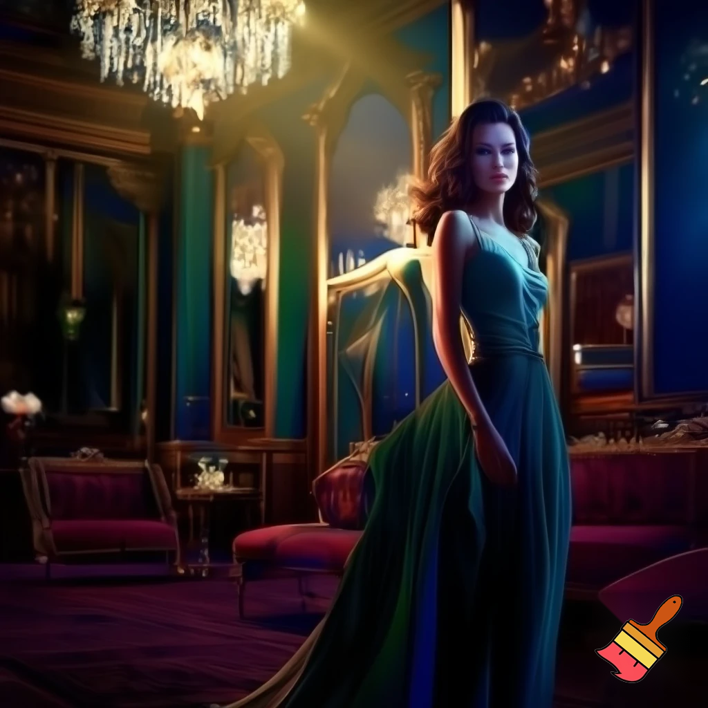 A beautiful woman standing in a stunning parlor, looking like a celebrity 