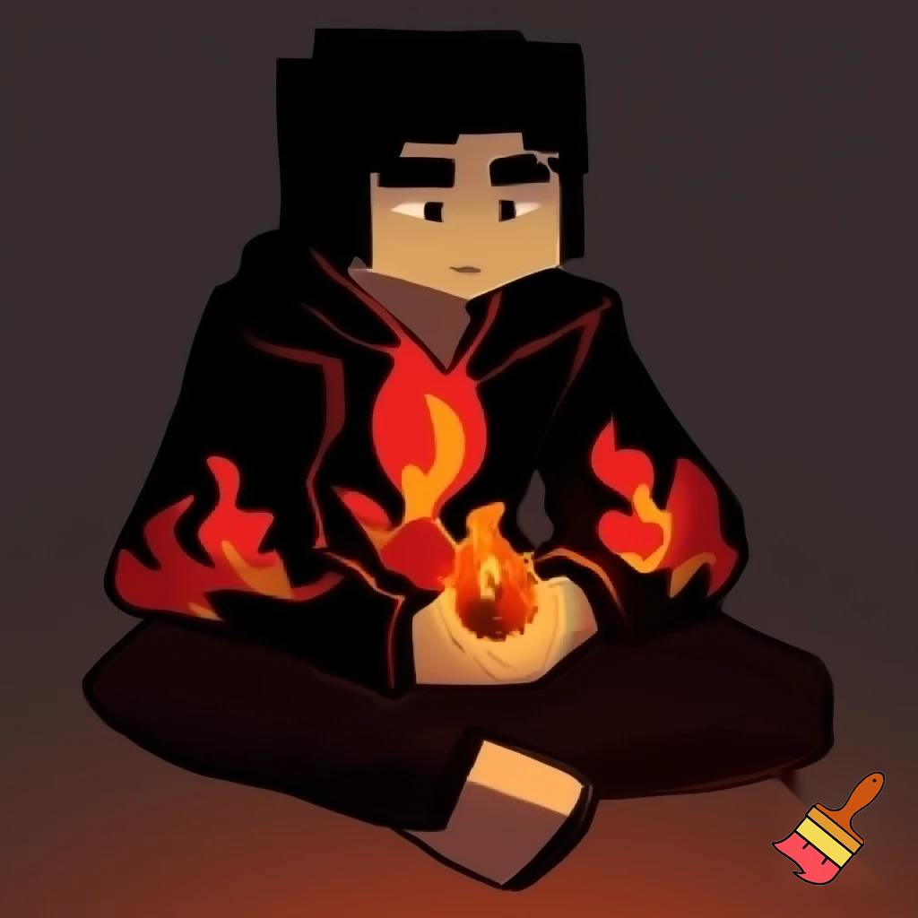 •	“Create a humanized character based on this Minecraft skin design, posed like the left stick figure, sitting casually with one hand holding fire”
	•	“Transform this Minecraft skin into a human character with the same color scheme (black, red, yellow/gold), in a relaxed sitting pose with fire in one hand”
	•	“Humanoid character design based on Minecraft skin: black hoodie with red and yellow flame details, sitting cross-legged, holding fire, simple stick-figure style”
More detailed version:
	•	“Character design: human/humanoid figure sitting in relaxed pose (cross-legged), wearing black clothing with red and yellow flame patterns, holding fire in one hand, simplified/stylized art style similar to stick figures but with more form”
Tips for better results: