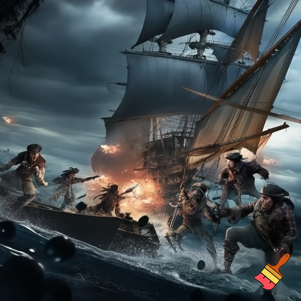 Pirate ship with pirates attacking another ship. Firing cannons and guns. Long cutlasses, peg legs and eye patches
  