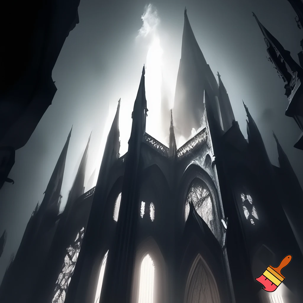 Create a cathedral that is gothic and glowing with white light