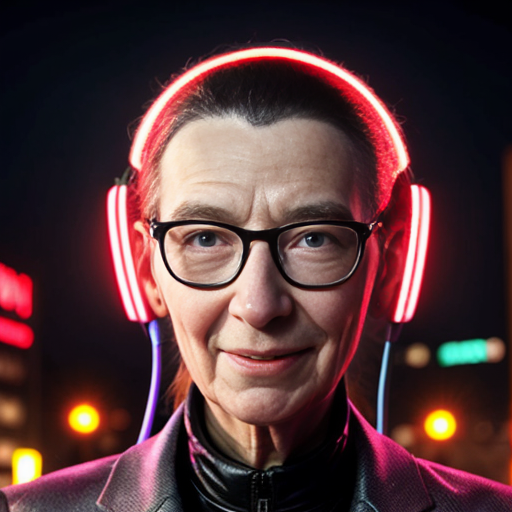 grace hopper with wires coming out of her head, in futuristic city, neon lights
