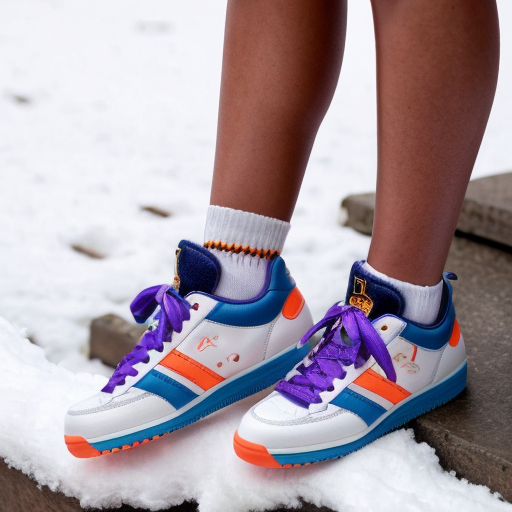 Rihanna orange tanktop belt blue short mini purple socks orange and white sneakers on a sitting Snow