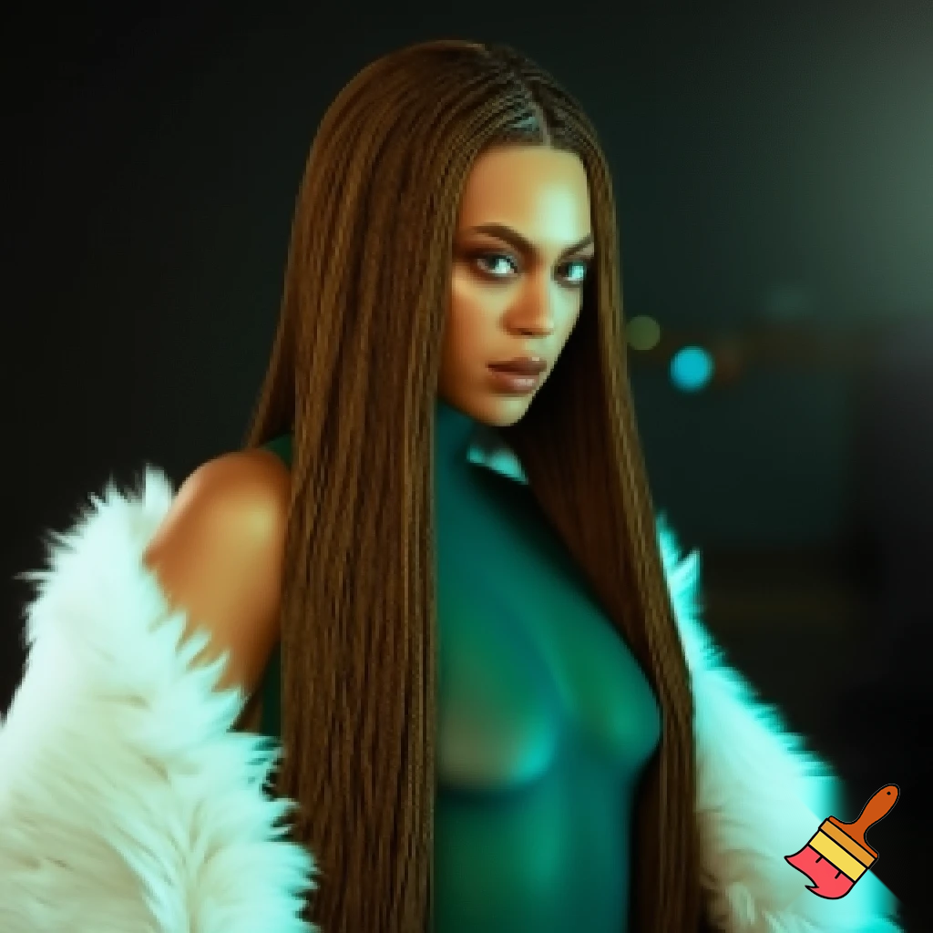 Beyonce with long african brown box braids with brown makeup wearing a dark pastel transparent green bodysuit with a white fur coat on selfie angle face ,confidence bad bitch 