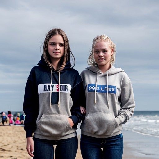 Create an image of two sisters standing next to each other. One of them, the old one, has brown hair and blue eyes. She is around 18 years old and her sisters head goes up to her neck. Her hair is long and silky. The younger sister has blonde hair and blue eyes. She is 13 years old. They are both wearing packing hoodies and baggy black jeans. The hoodies are dusky grey with your Australian flag on them however the jumpers have an old retro sort of vibe. They are at the beach. They have their Arms around each other they are both very beautiful 