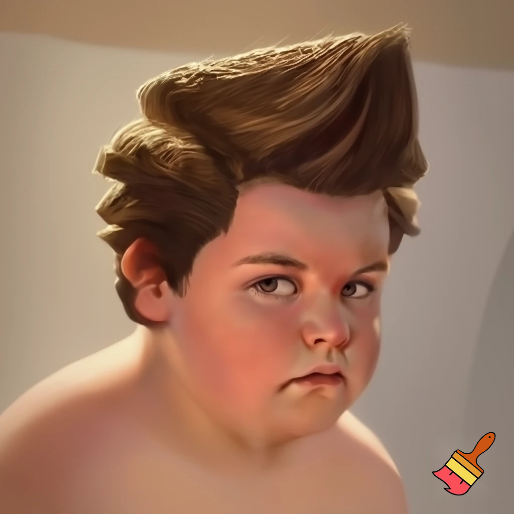 A 13 year old overweight boy with thick brown hair cut into a shape of toilet brush