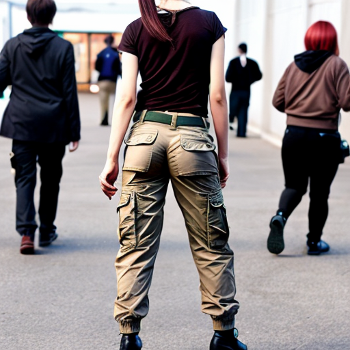 a anime girl with beige cargo pants turning around


