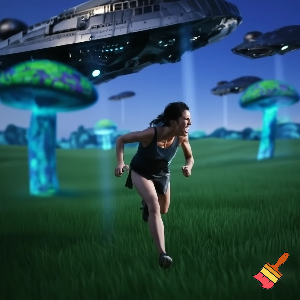 a woman is running in a green field with giant mushrooms, escaping from alien starships
