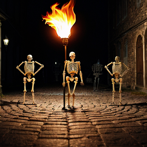 Scene 7 – Accused of Witchcraft
Image Prompt
Hyper realistic transparent skeleton surrounded by armored medieval guards pointing spears toward it, skeleton holding a glowing smartphone defensively, dark medieval street environment with torches casting dramatic shadows on cobblestone ground, cinematic lighting emphasizing the reflective bones.