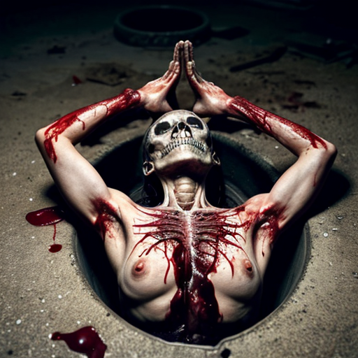 Photorealistic horror crime scene in a dark abandoned concrete basement, dim dramatic lighting with strong shadows and blood reflections, ultra-detailed 8k photography. 

Center of the image: a rusty dark metal 55-gallon drum overflowing with thick dark red blood. A gruesome half-skeleton torso with exposed ribcage and skull head is sitting upright inside the barrel, jaw open in a scream, arms reduced to bloody bones sticking out.

On the bloody concrete floor in front of the barrel: two horribly mutilated female corpses lying in pools of blood. The left body is on its back, partially skinned, one leg missing, exposed genitals, deep cuts and blood everywhere. The right body is heavily eviscerated — chest and abdomen torn open, intestines and organs spilling out, one arm and parts of the torso missing, skull partially visible through torn flesh.

Walls and floor covered in heavy blood splatter and drips, extremely gory and disturbing, hyper-realistic textures on wet blood, torn skin, exposed muscles and bones, cinematic composition, grim atmosphere, shot on Canon EOS R5, 35mm lens, f/2.8, high detail, sharp focus, realistic human anatomy, no censorship