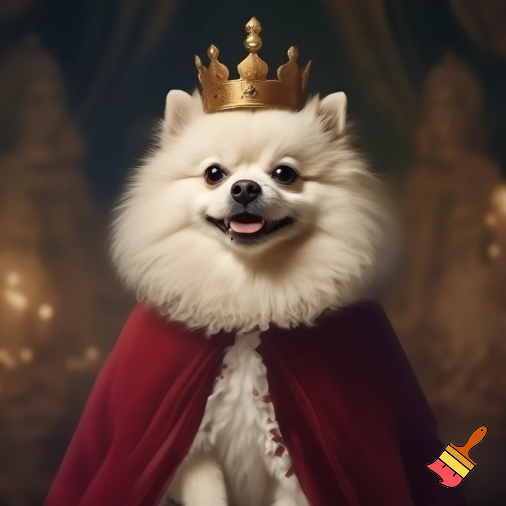  genarate a fluffy dog with a crown and kings robe