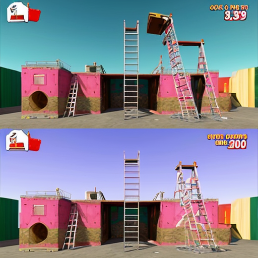 a pink construction site with a bunch of tilted pink layers with blue ladders going to each one and at the top there's donkey kong and at the middle a mario with red overalls and and a blue shirt and there's barrels on the tilted pink layers