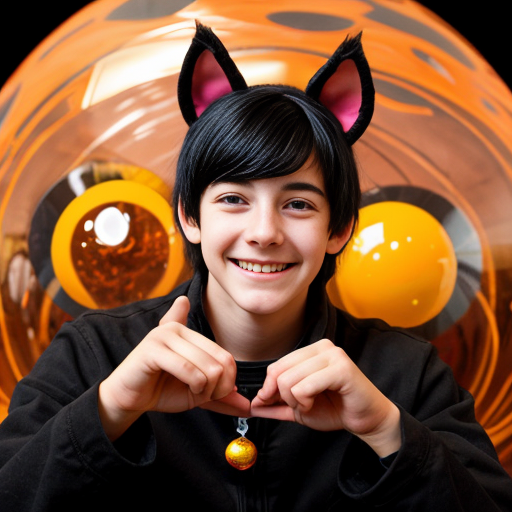 Мальчик подросток сидит в позе лотоса, с черными волосами, большими черными кошачьими ушами и хвостом, руки распододил на уровне груди ладони параллельно друг другу, а между руками магическая сфера сверкающая как космос. Один глаз у мальчика котенка янтарный, а второй голубой. На лице улыбка восторга как у ребенка что увидел конфету.