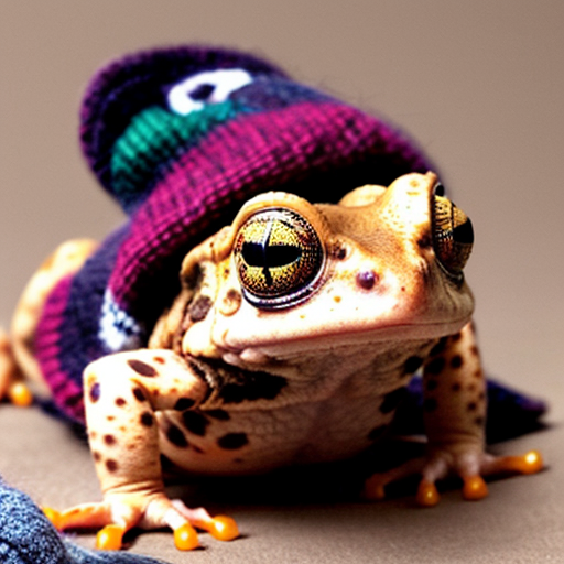 A laughable, puzzled animal toad in woolen, multicoloured winter clothings and with woolen winter cap. Hyperrealistic style.