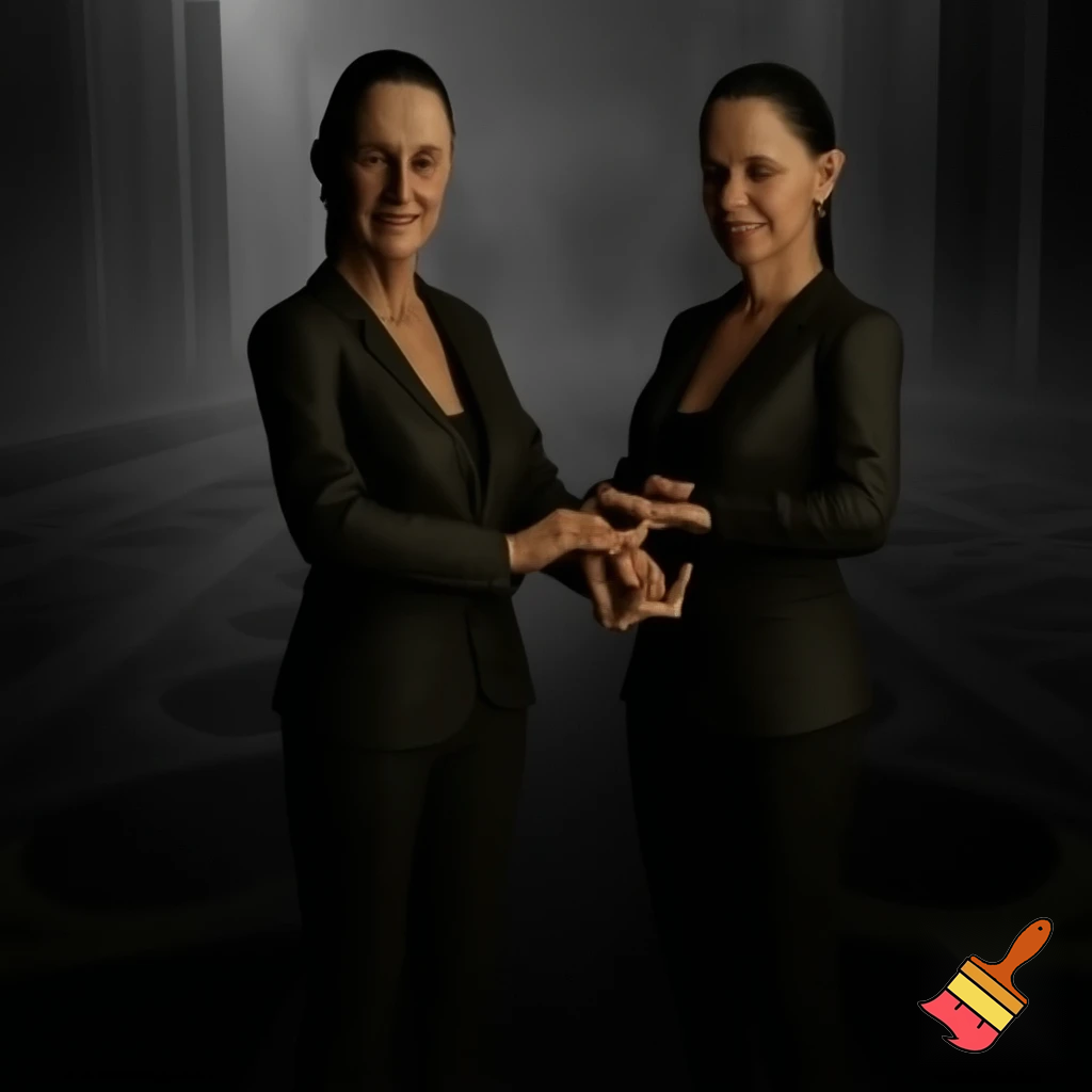 claudia sheinbaum holding hands with the devil and smiling, full body, 