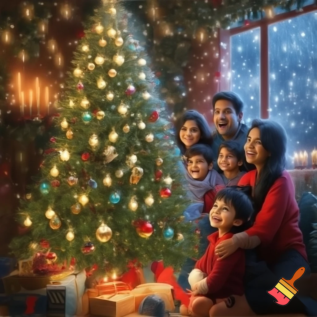 A warm and festive Christmas scene featuring a beautifully decorated Christmas tree with glowing lights, colorful ornaments, and wrapped gifts beneath it. A happy Indian family dressed in cozy winter clothes is gathered together, smiling and celebrating. The home is decorated with garlands, candles, and twinkling fairy lights. Through the window, gentle snowfall can be seen outside, creating a magical holiday atmosphere filled with joy, love, and togetherness.