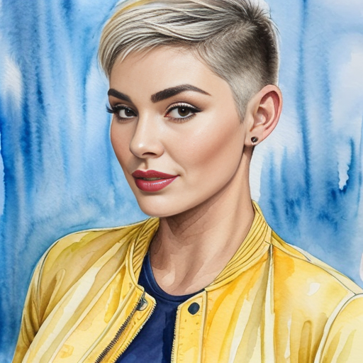 Tomboyish girl with huge muscles, Clipped Pixie haircut, round face with a defined jawline, thick and muscular neck and large and rounded breasts in unbuttoned jacket over blue T-shirt 
