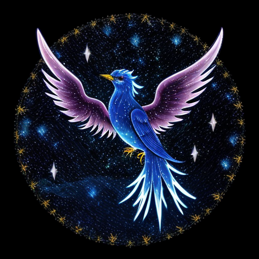 a magical spirit blue bird phoenix glowing and  transparent like smoke with a black starry night sky background