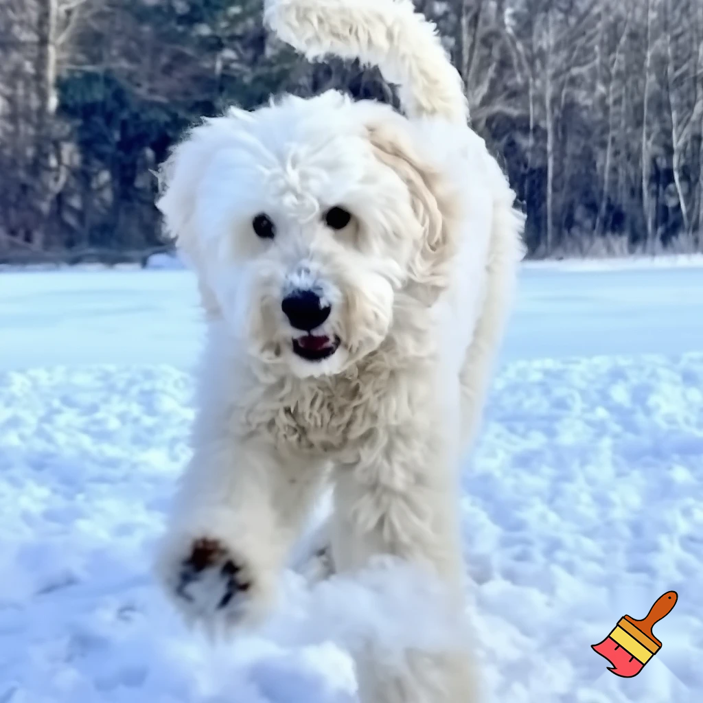 weißer labradoodle in schnee spielen