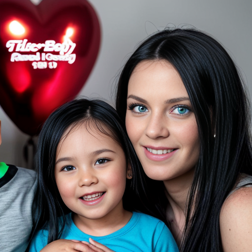 create a family photo with a mom whos  26 years old  and make her have black long hair with light blue eyes. with her boy triplets 2 years old with black hair and green eyes and then with her triplet daughters who are 16 make them have blue eyes with black long hair 