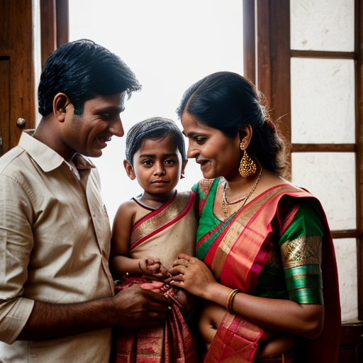 Photorealistic cinematic family portrait, aspect ratio 16:9. A traditional Brahmin family inside a modest Indian home — simple clay walls, brass utensils, and a soft diya glow illuminating the space. The young boy stands at the center, radiating a divine, innocent aura, his face glowing with purity and childlike wonder. Parents in the background, dressed in humble cotton dhotis and sarees, their expressions a mix of pride, devotion, and quiet struggle. Emotional contrast between the boy’s divine innocence and the parents’ worldly concerns. Warm earthy tones, soft natural light filtering through a small window, subtle incense smoke adding atmosphere. No text, purely cinematic realism. –ar 16:9 –stylize 300 –v 6