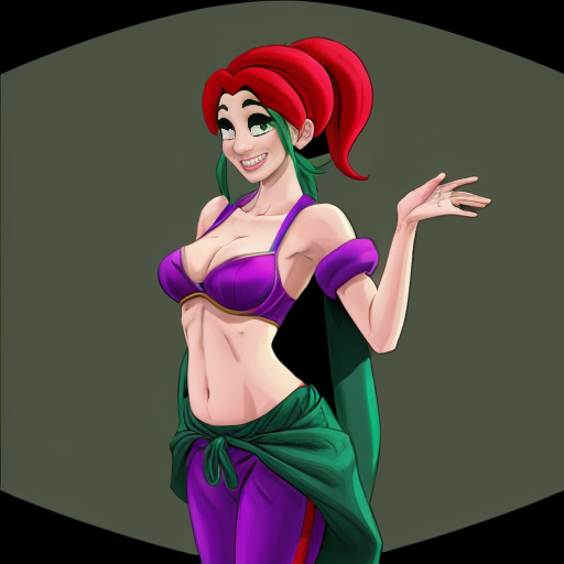 90's disney's 2d aladdin style comic dark black background and panels of 
panel 1 purple haired Ponytail shantae with red harem pants and red bra and red curved slippers with both hand palms place together and hiding the bottom of her mouth with a red veil wrapped around her arms and shoulders. 
panel 2 she danced with red harem pants with red bra and red curved slippers and red veil wrapped around her arms and shoulders and raising legs and bounced up and down her belly and shook her hips left and right. 
panel 3 as Shantae with red harem pants and red bra and curved red slippers spreading her arms, happily revealing her face to the viewer and giving a smile as she turns around shook her butt left and right. Panel 4 as purple haired Ponytail shantae with red harem pants and red bra and red curved slippers started to fading away , except her belly, which is bouncing around. 
Panel 5 then the ball transforms into the fading in belly of green haired Ponytail shantae with light green skin and green harem pants and green bra and green curved slippers and green veil wrapped around her arms and shoulders with her swaying her hips. 
Panel 6 green haired Ponytail shantae with light green skin and purple harem pants and green bra and green curved slippers and green veil wrapped around her arms and shoulders and with her hand palms place together between her chest and she gives a smile and winking her left eye.  