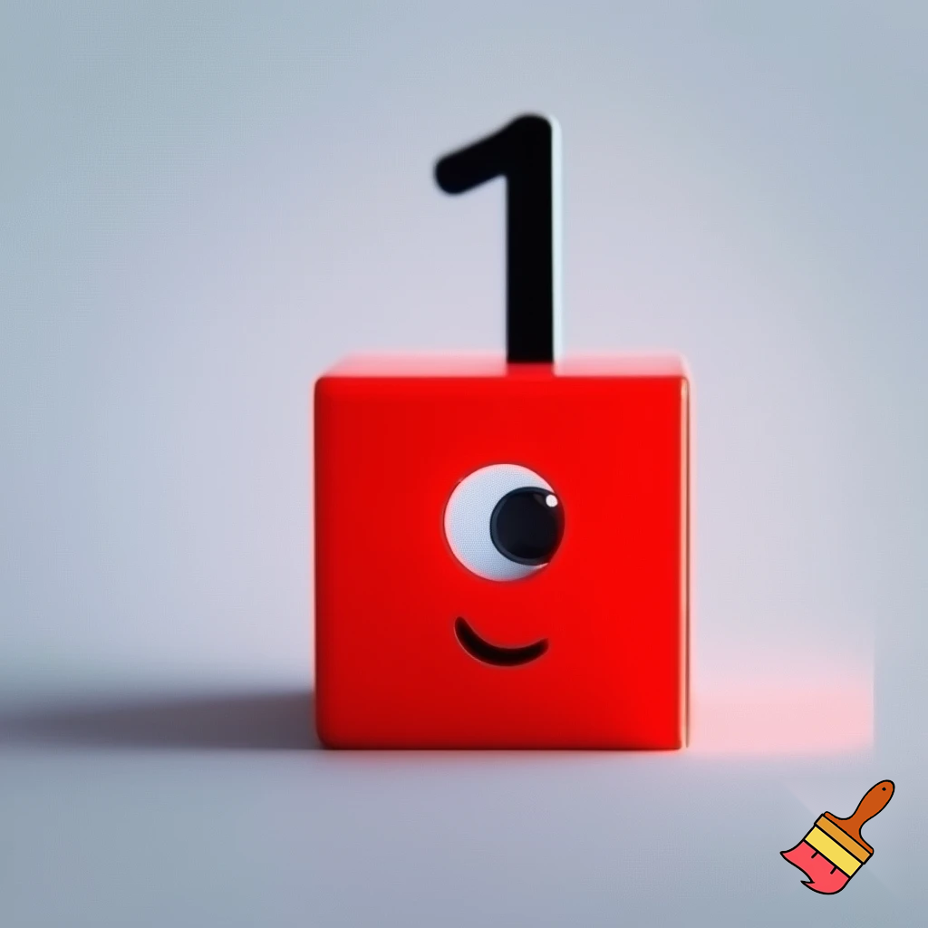 1 red block that has a face with 1 eye and has a black number 1 above
