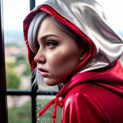 cute red riding hood, cinema, realistic, ultrarealistic, sideview, silver hair, strong makeup, 12 age, opening her hood, cameltoe, opening, wet, at shower, view from up, pullin, pulling down pnt