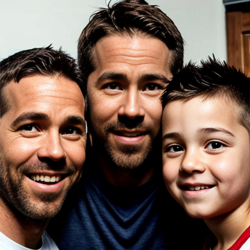 generate me a picture of 3 kids with their 2 dads, make the kids 2 and 3, make one a girl and one a boy, and make the 3rd a 14-year-old boy, make the 1st dad a dark brown hair and white man and make the other one Ryan Reynolds.