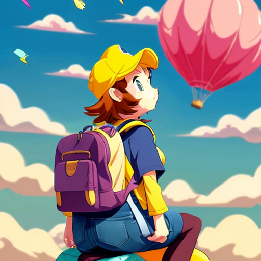 Little Dora purple backpack pink t-shirt orange sex short pants yellow socks white sneakers on a sitting big Cloud ride flying in the Sky the 1990s/early the 2000s mario