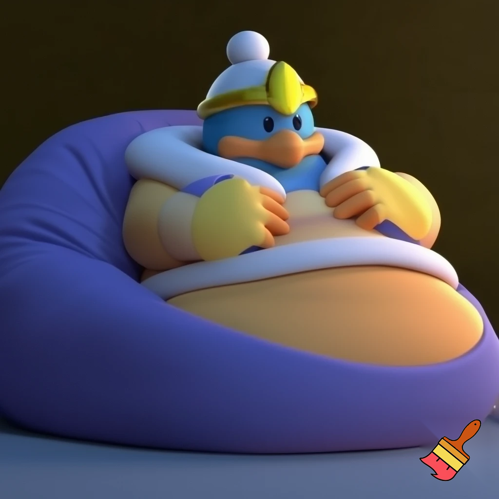 King dedede with both hands on bloated belly sitting on a bean bag Looking down  at his belly with a sad face