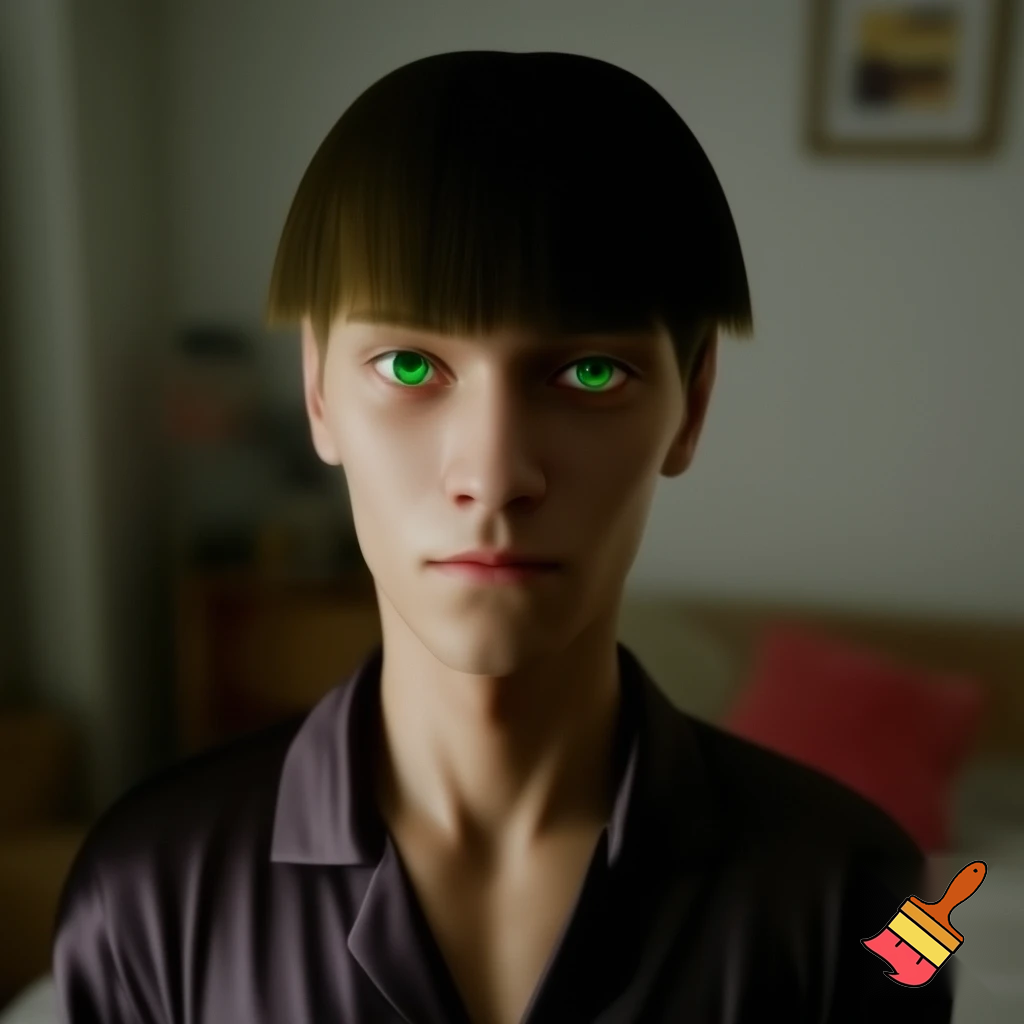 A family the brother has a bob cut two inches long and is wearing his pj and has green eyes and he is tall and is 18 years old 


