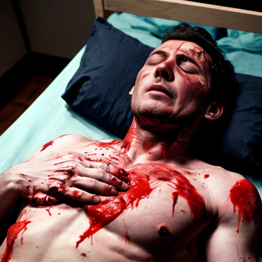 A corpse shirtless man, died, face are hiding by shirt, eye closed, chest fully opened wounded, blood everywhere.