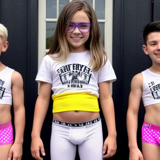 The five boys, each ten years old, stand in a line in their underwear:

    The first boy is 4'8" with 70 lbs, light brown skin, dark brown hair, a curious demeanor, friendly attitude, blue boxer briefs.
    The second boy is 4'9" with 75 lbs, fair skin, blonde hair, energetic demeanor, playful attitude, green briefs.
    The third boy is 4'7" with 65 lbs, medium brown skin, black hair, thoughtful demeanor, calm attitude, red boxers.
    The fourth boy is 4'10" with 80 lbs, lightly tanned skin, brown hair, adventurous demeanor, confident attitude, purple athletic briefs.
    The fifth boy is 4'8" with 72 lbs, fair skin, light brown hair, creative demeanor, cheerful attitude, yellow trunks.

Behind them, the 13-year-old girl stands at 5'2" with 90 lbs, porcelain doll-like complexion, honey blonde hair, assertive demeanor, independent attitude, wearing black with white polka dots leggings and a pastel pink t-shirt.