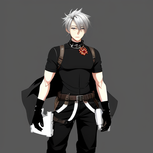 an anime boy, grayish short spikyish hair (but not too short) a red
left eye, with a scar, right eye is white, white skin (like a cloud) a choker,
skintight turtleneck that covers his hands like gloves, grayish black big
cargo pants with Keychains, black combat boots, some belts, and two guns
on each side of his waist, (character sheet), make him feminine and skinny, 