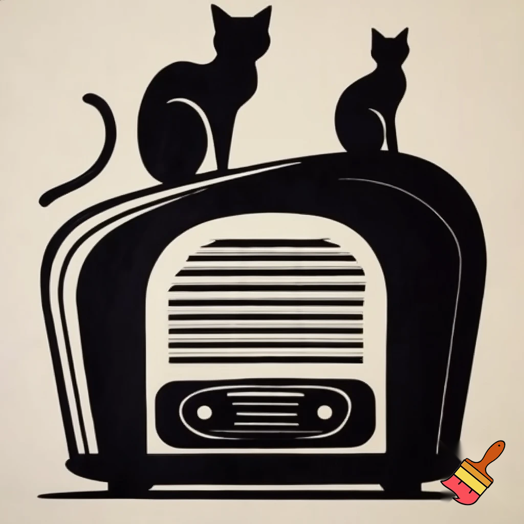 Draw a black and white old time radio set with 2 cats. The style should be simple lines and silhouettes