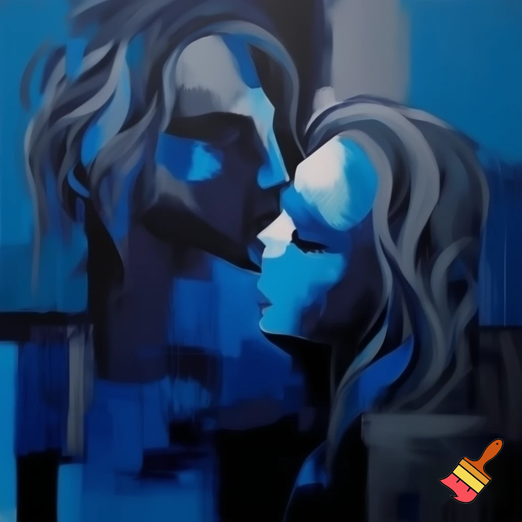 acrylic painting romantic couple man and woman with a long hair love blue and grey modern abstract
