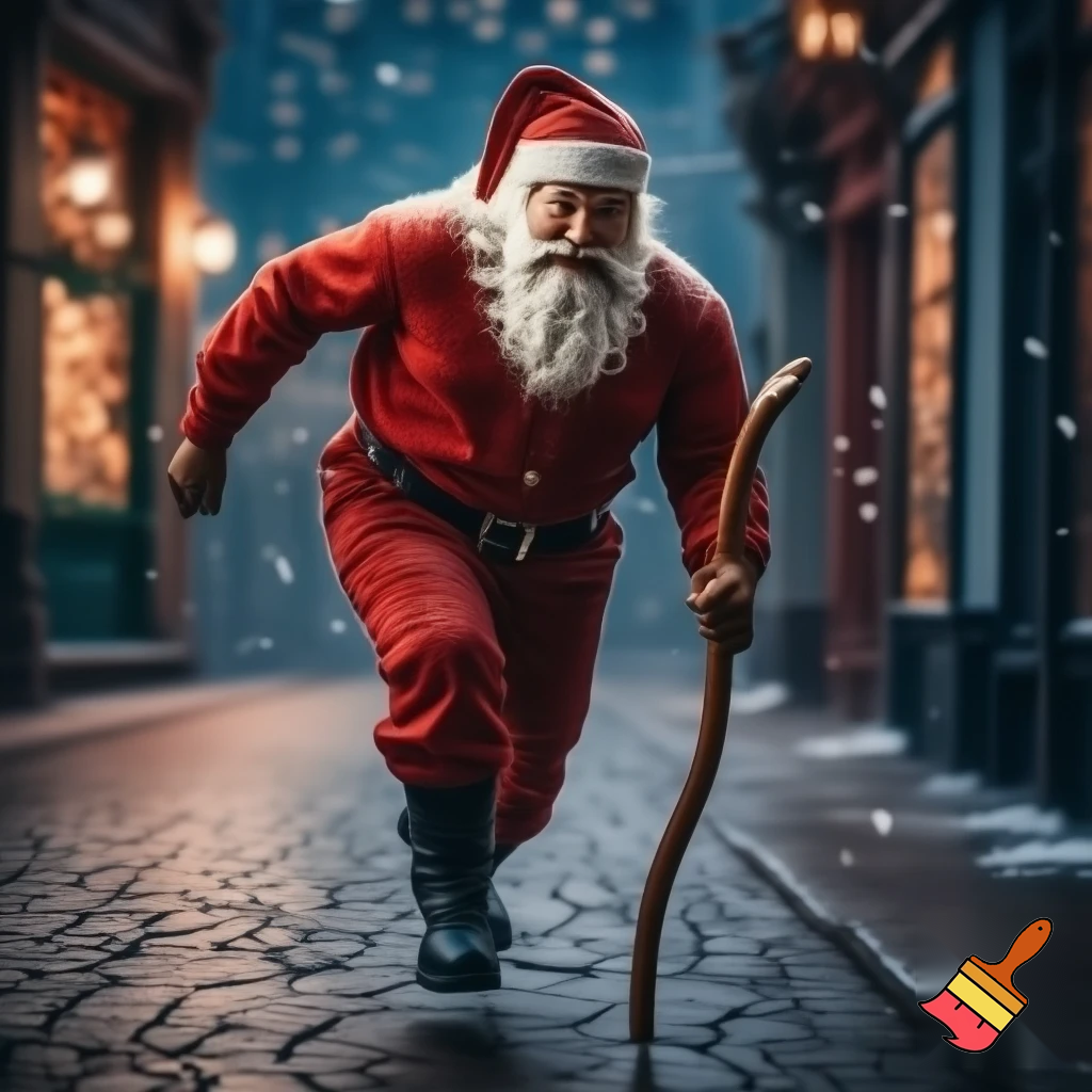 Santa Claus running with the walking stick