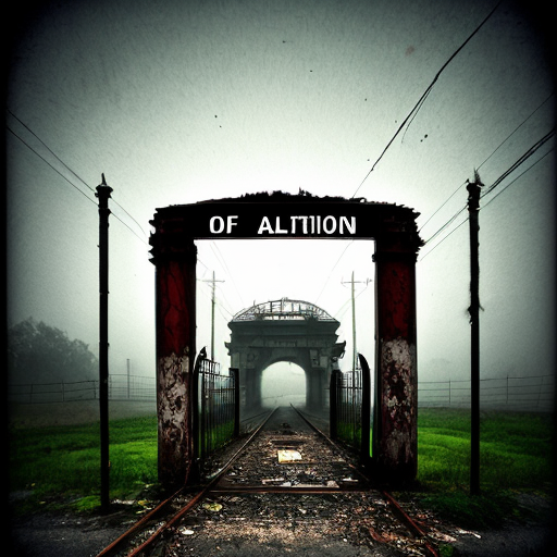 rusty gate of abandoned station, warning sign hanging crooked, night fog, horror mood