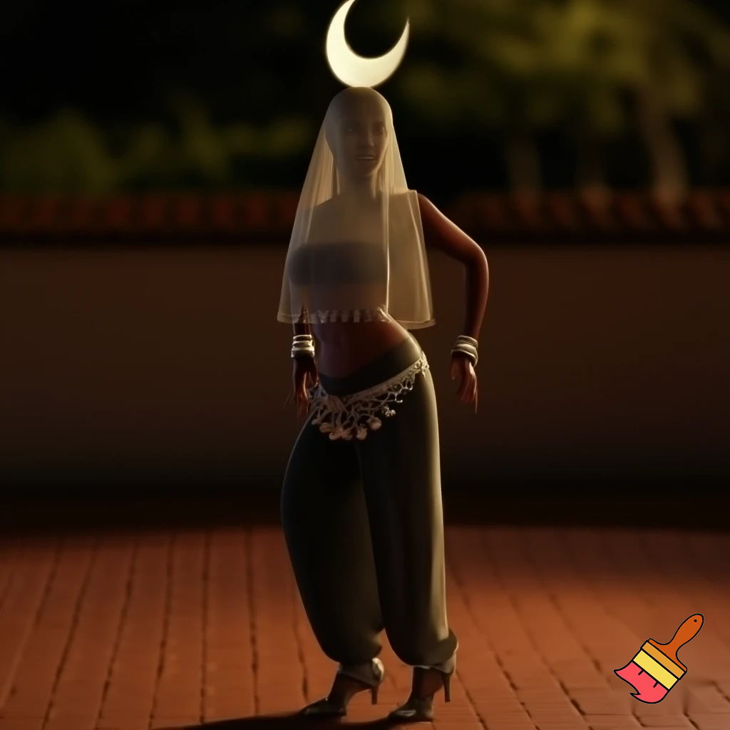 Attractive Moroccan woman with dark skin wearing a crescent moon headpiece, a veil, ornate cuffs, a bejeweled bra, a coin belt, harem pants and ballroom dance shoes in California 