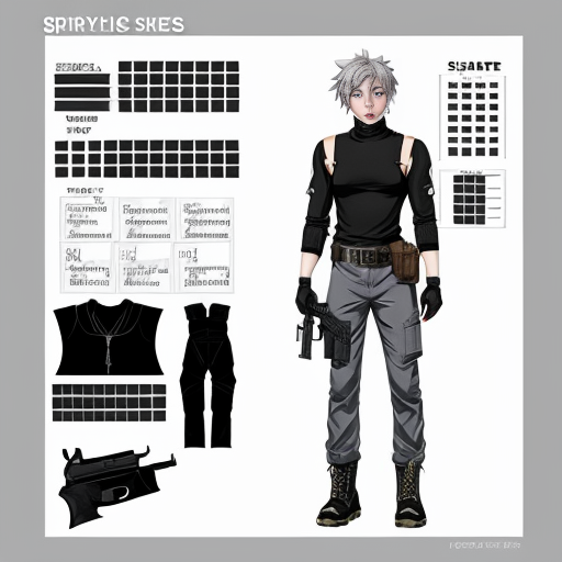 an anime boy, grayish short spikyish hair (but not too short) a red
left eye, with a scar, right eye is white, white skin (like a cloud) a choker,
skintight turtleneck that covers his hands like gloves, grayish black big
cargo pants with Keychains, black combat boots, some belts, and two guns
on each side of his waist, (character sheet), make him feminine and really skinny