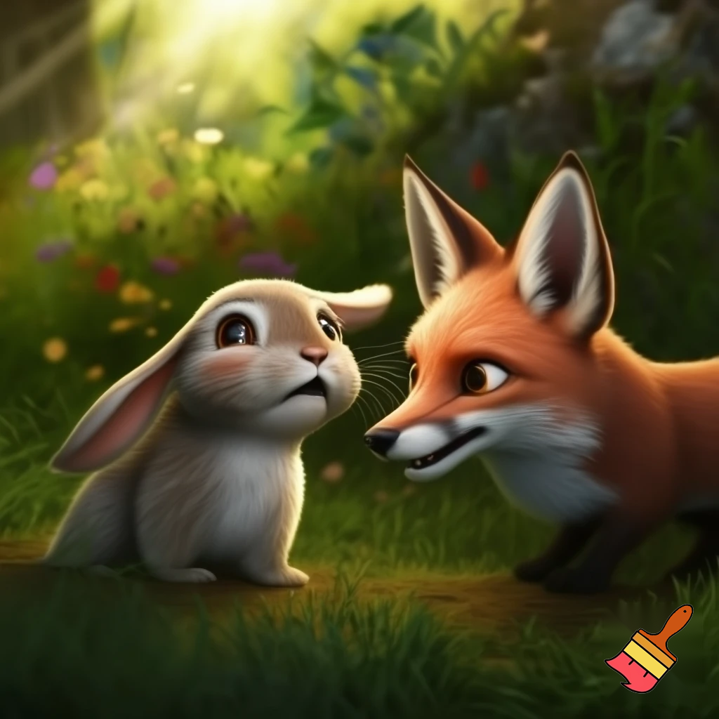 "Cartoon style illustration of the same small rabbit looking surprised but curious, while a friendly red fox stands nearby with a kind smile, offering comfort. Bright, colorful forest background with trees, flowers, and sunlight. Emotional and heartwarming, both characters are same as in other scenes, rabbit still teary-eyed but hopeful."