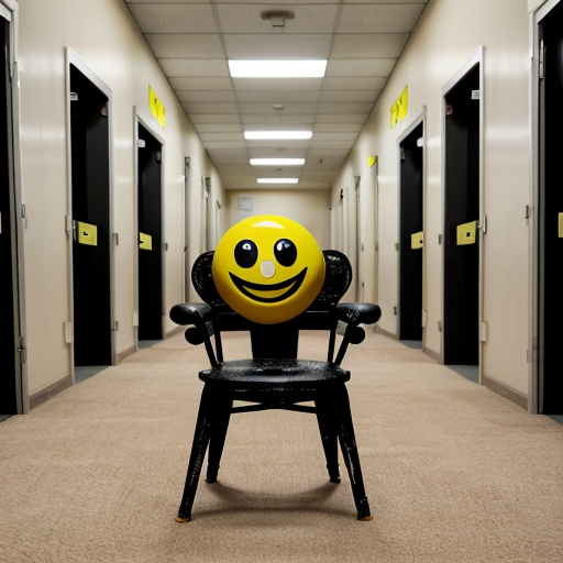 A creature with a yellow smiley ball for a head and a rusty, distressed red metal barrel body stands at the center of a corridor in the Backrooms. It has thin, wire-like arms with white gloved hands, springy legs, and worn-out shoes. The Backrooms environment features endless hallways, yellow patterned wallpaper, fluorescent ceiling lights, and a dirty, worn carpet. A cardboard box and a chair can be seen in the distance, while dust motes float in the air. The perspective is a full-body shot.